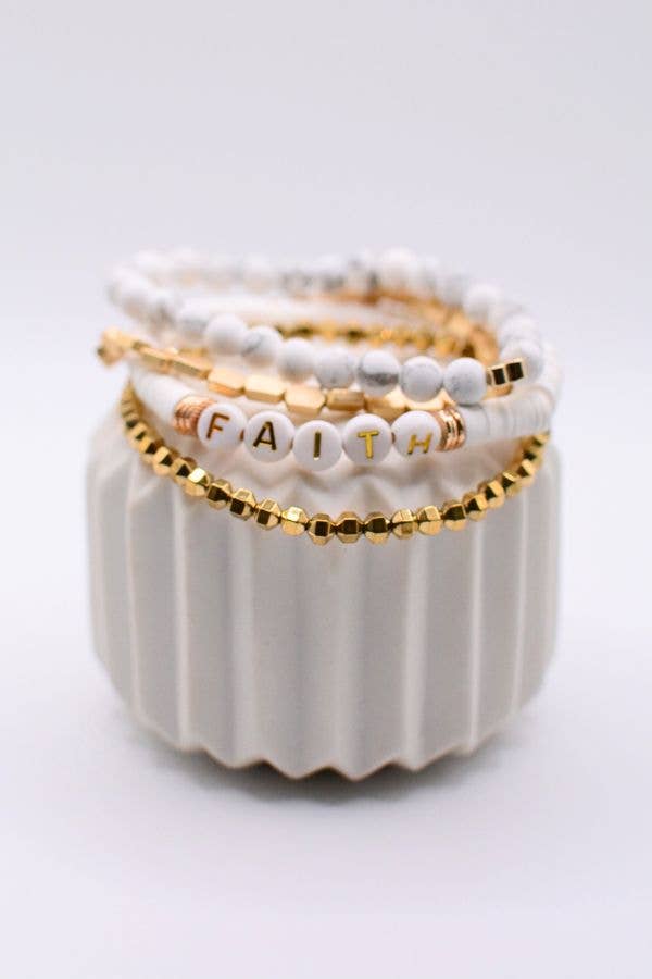 Faith Gold Beaded Stretch Bracelet Set Christian Jewelry
