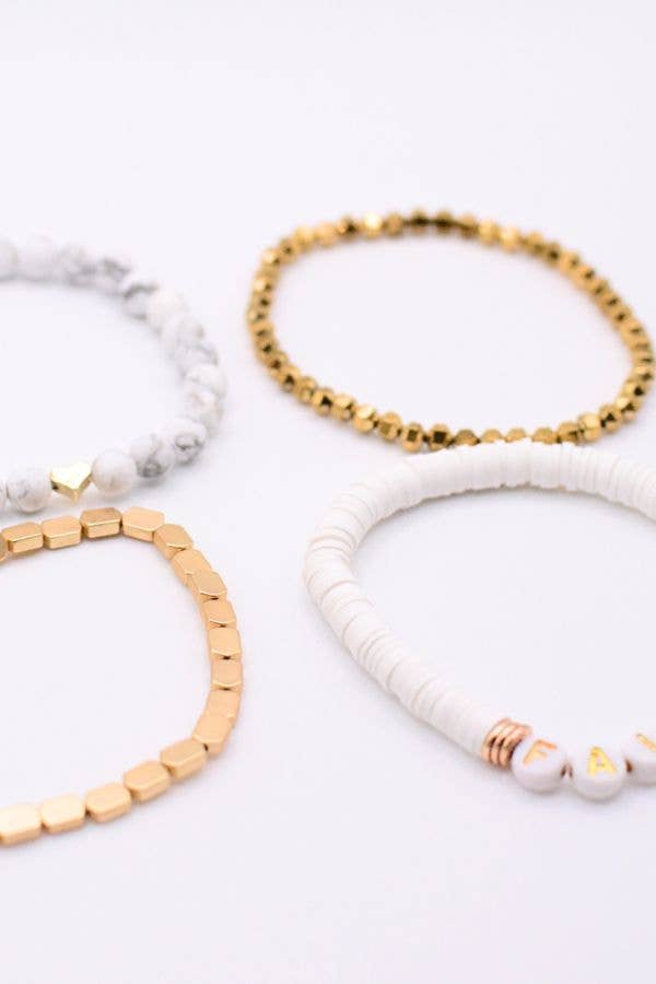 Faith Gold Beaded Stretch Bracelet Set Christian Jewelry