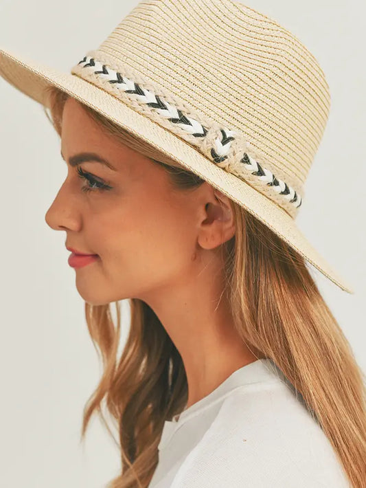 Black and White Braided Jute Band Panama Hat