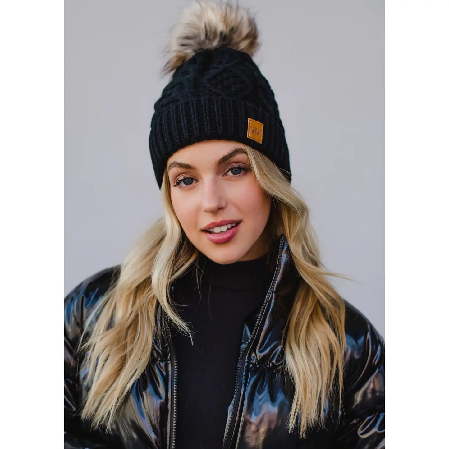 Black Cable Knit Pom Hat