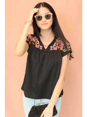 Ruched Floral Embroidery Woven Top