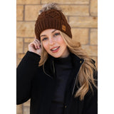 Brown cable knit pom hat