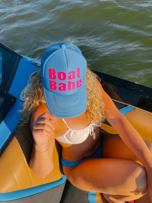 Boat Babe Blue Trucker Hat with Hot Pink Lettering