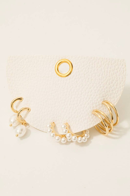 Mixed Pearl Studs And Charms Hoop Earrings Set
