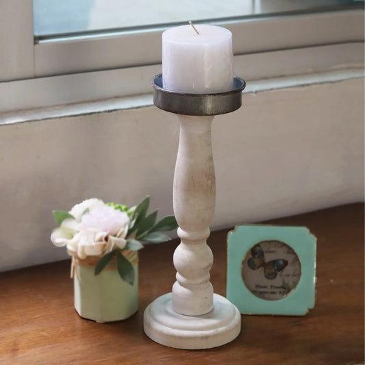 White Distressed Carved Wooden Pillar Candle Holder