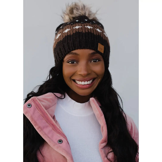 Dark Brown Patterned Pom Hat