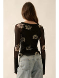 Floral-Print Mesh Raglan-Sleeve Henley Top