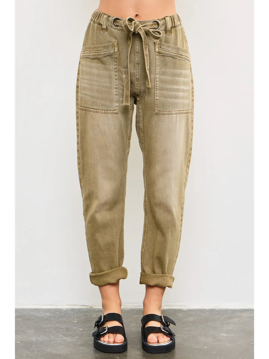 Olive Front Tie Denim Pants