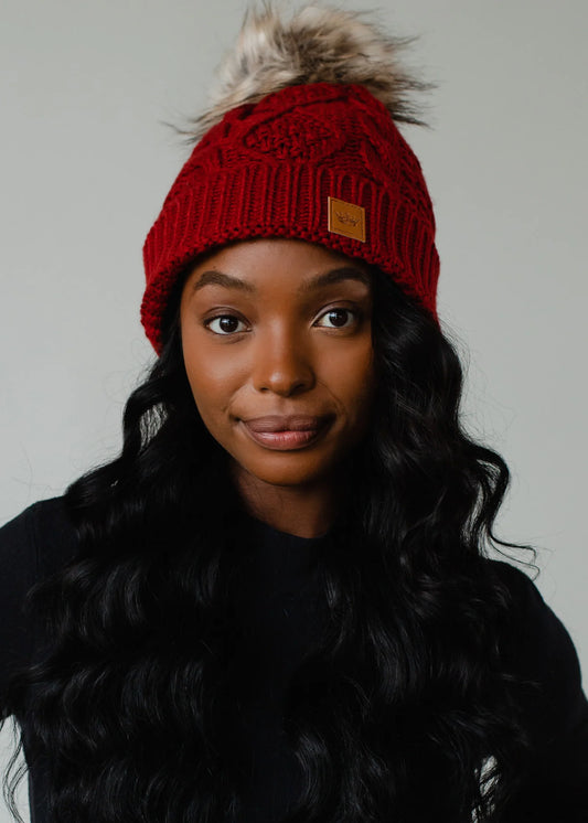 Dark red cable knit hat