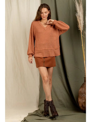 Rust V-neck Casual Waffle Knit Top