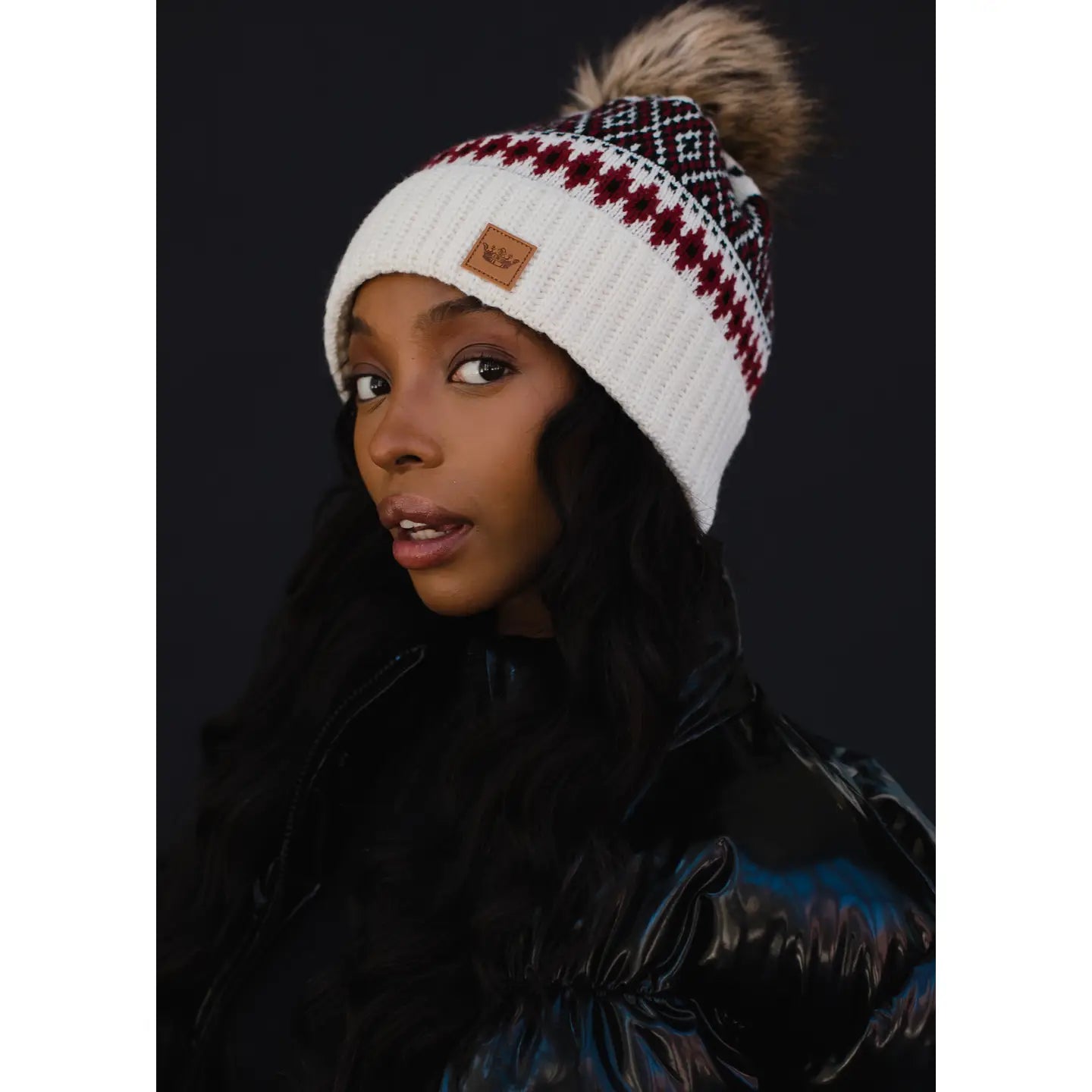 Off White, Black & Red Patterned Pom Hat