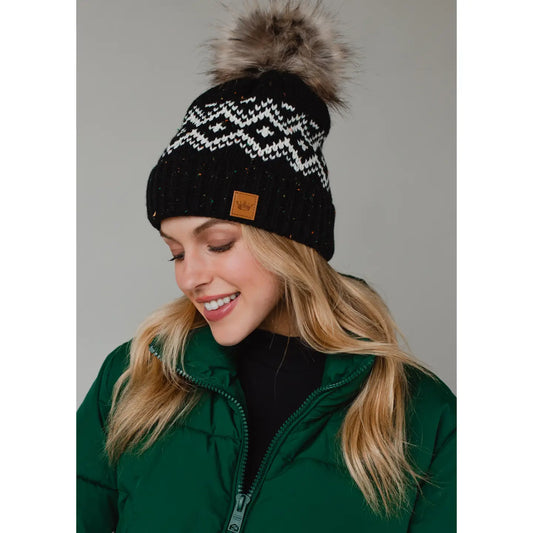 Black & Speckled Patterned Pom Hat