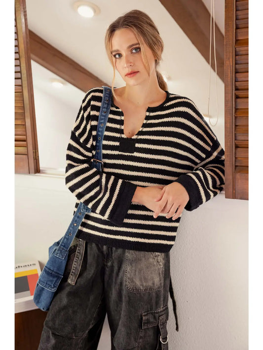 Stripe Split Neck Long Sleeve Knit Sweater