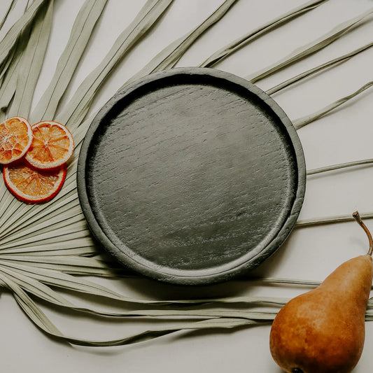 Black Round Wood Tray