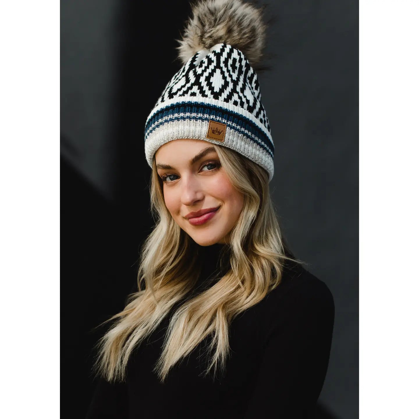 White, Black, Blue & Tan Patterned Pom Hat