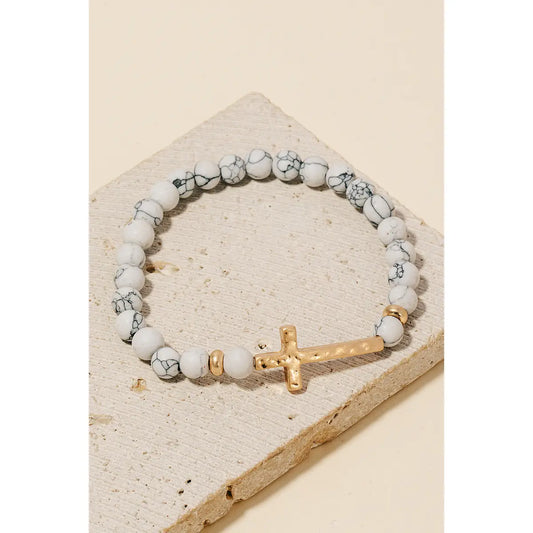 Cross Charm Natural Howlite Beaded Bracelet