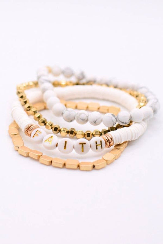 Faith Gold Beaded Stretch Bracelet Set Christian Jewelry