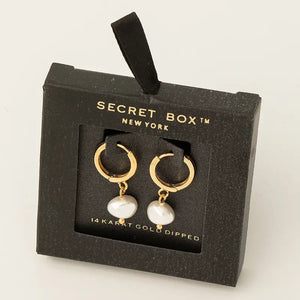 Secret Box Gold Dipped Mini Pearl Drop Hoop Earrings