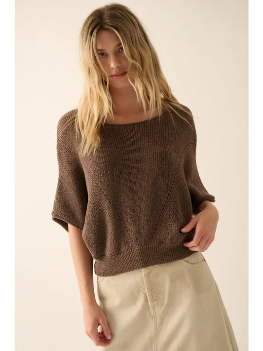 Short-Sleeve Pointelle Ribbed Knit Sweater