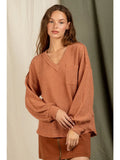 Rust V-neck Casual Waffle Knit Top