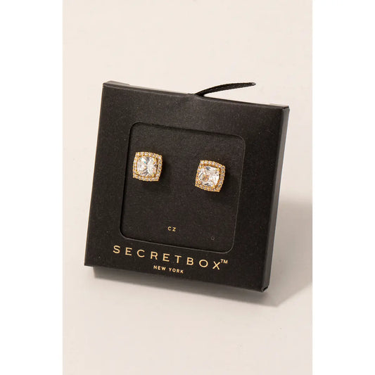 Secret Box Gold Dipped Square Cz Halo Stud Earrings