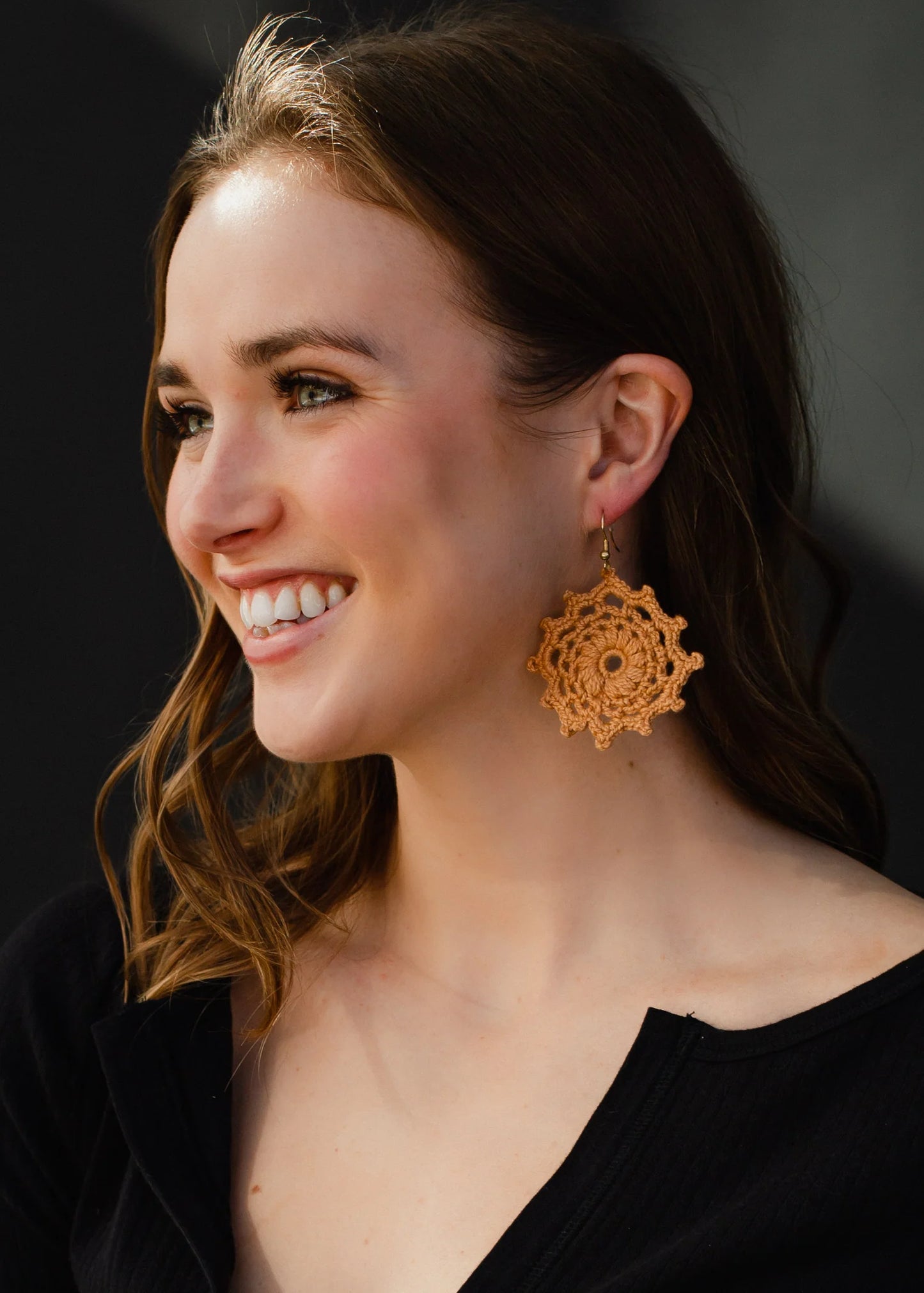 Tan crochet dangle earrings