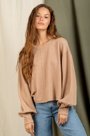 Taupe Raw Edge Detail Solid Knit Top